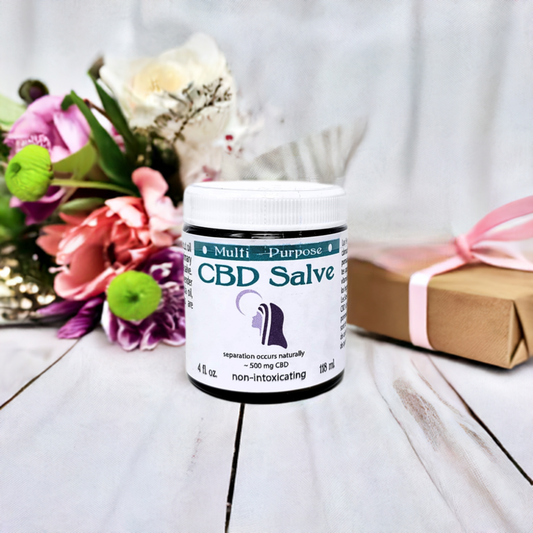 12 x 4oz - CBD Topical Salve (500 mg CBD/Jar) jar with flowers and gift box on white wooden surface