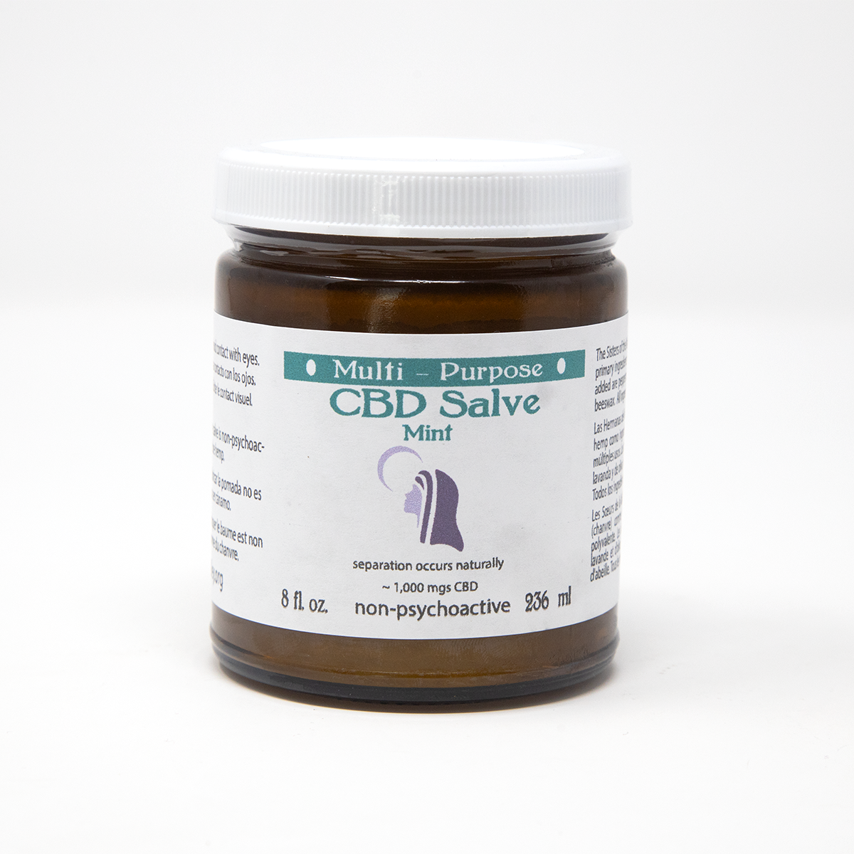 A brown jar with a white lid labeled CBD Topical Salve 8 oz. Lavender or Mint (~1,000 mg CBD), a non-psychoactive hemp-based cream from Sisters of the Valley. Natural separation may occur.