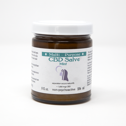 A brown jar with a white lid labeled CBD Topical Salve 8 oz. Lavender or Mint (~1,000 mg CBD), a non-psychoactive hemp-based cream from Sisters of the Valley. Natural separation may occur.