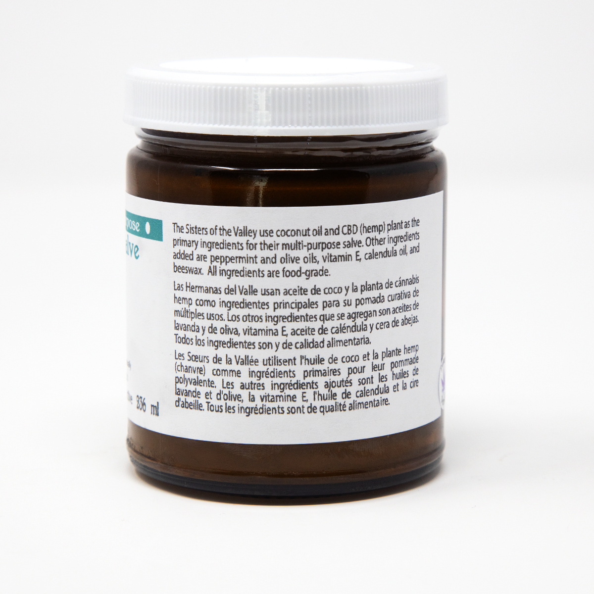 A brown glass jar with a white lid and trilingual label contains Sisters of the Valley CBD Topical Salve (8 oz, ~1,000 mg CBD) in Lavender or Mint, blending coconut oil, essential oils, calendula, beeswax, vitamins, and hemp-derived CBD.