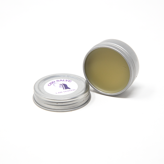 12 x 0.5oz - CBD Topical Salve Sample showing an open tin with smooth greenish cream inside and lid beside it.