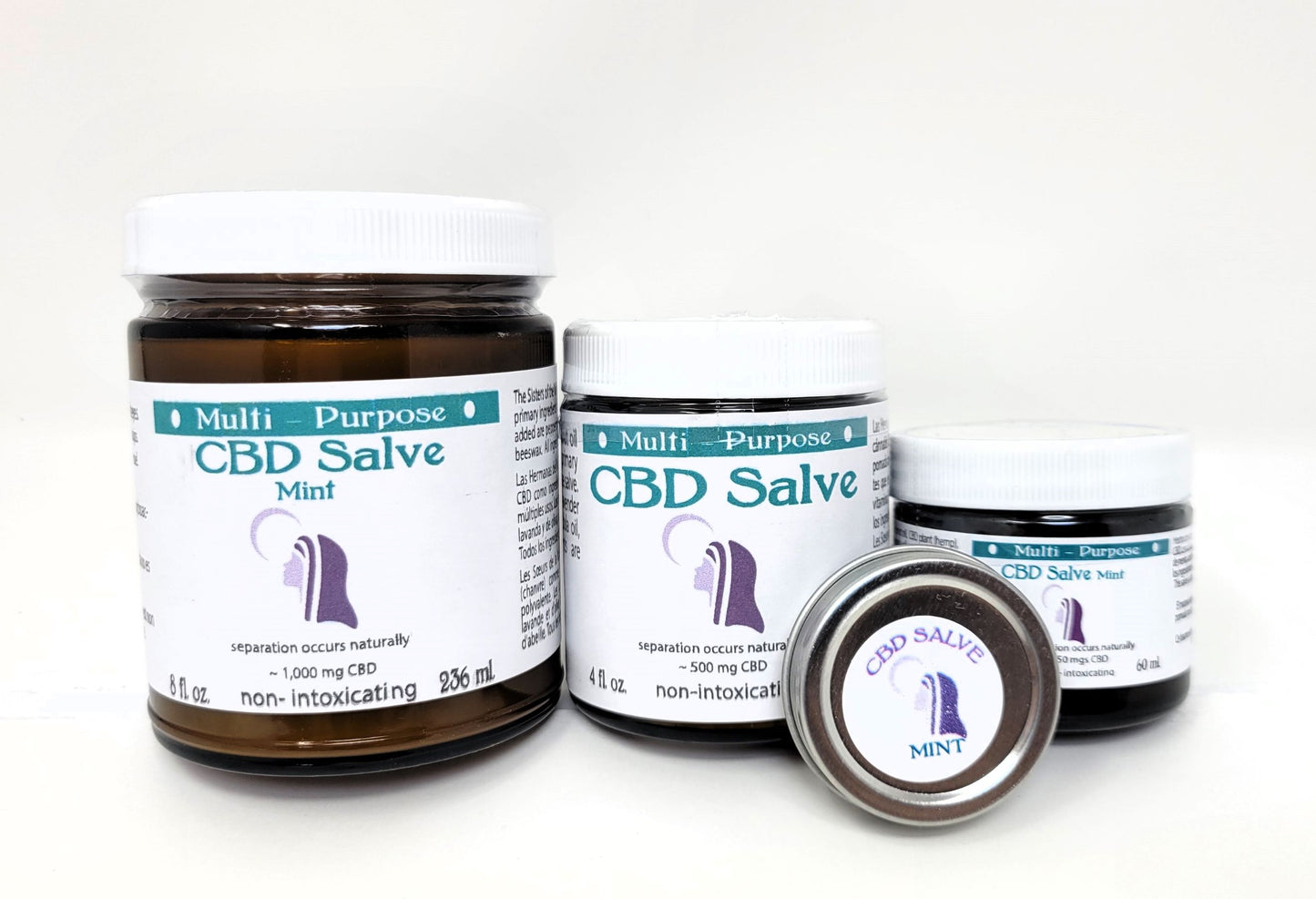 Three 8 oz. jars and a small tin of Sisters of the Valley CBD Topical Salve (~1,000 mg CBD) in Lavender or Mint are displayed, featuring white labels with teal accents. The salve is multi-purpose and non-intoxicating.
