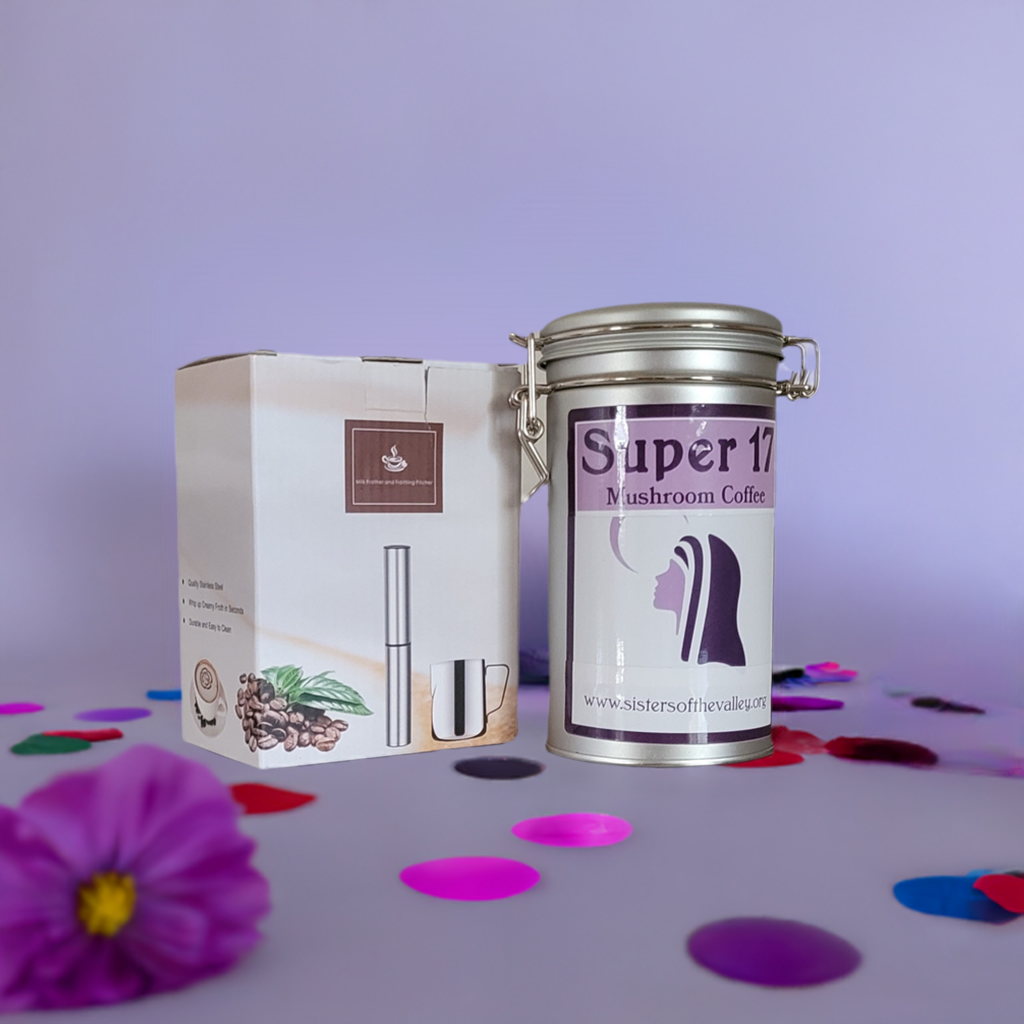 Our Super 17 mushroom coffee starter kit Sisters of the Valley Super 17 mushroom coffee starter kit with frother wand