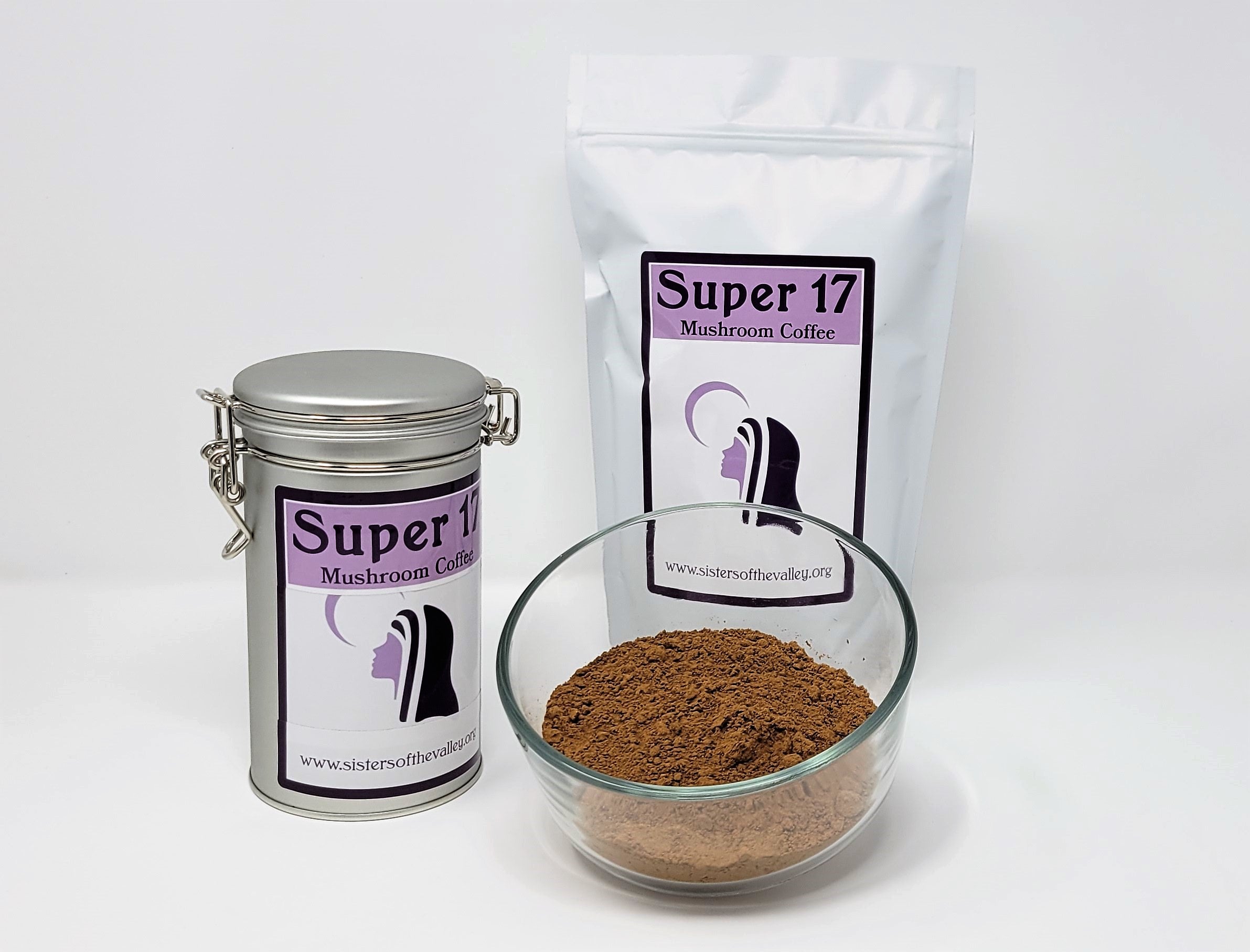Lion's mane lives in our Super 17 mushroom coffee Sisters of the Valley Super 17 mushroom coffee tin containing lion's mane
